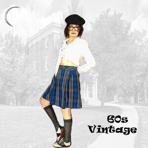 Vintage School Uniform Skirt Blue Plaid Mini, High School - 60s
